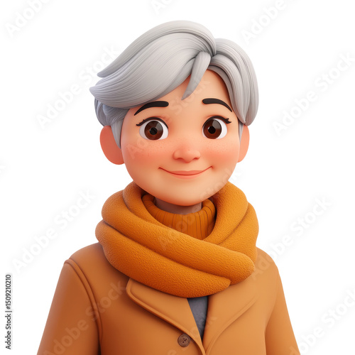 Charming Cartoon Woman Portrait: A Stylish Character with a Warm Smile, Wearing a Chic Scarf and Coat, Radiating Joyful Elegance and Modern Design