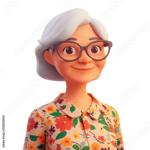 Charming Cartoon Portrait of a Smiling Grandma with Floral Shirt and Glasses, Radiating Joyful Warmth and Graceful Wisdom in a Vibrant Style