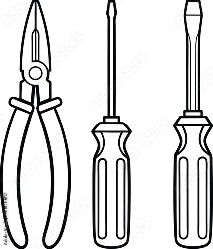 Line art showcases a pair of pliers and two screwdrivers with transparent background