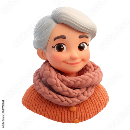 Charming Cartoon Grandma Portrait: Warmth, Style, and Cozy Comfort in a Digital Rendering with Knitted Scarf and Sweater for a Cheerful Winter Season