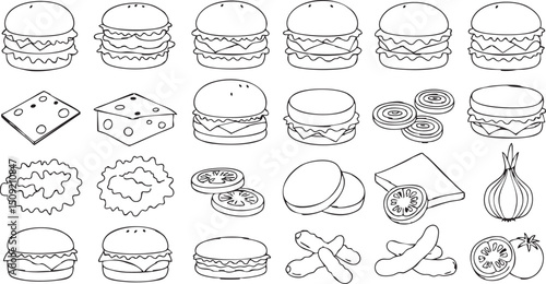 A black and white illustration of various burger ingredients and assembled burgers in rows and columns
