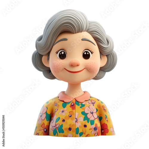 Charming Cartoon Portrait: A Cheerful Grandma with Floral Dress, Radiating Sweetness and Joyful Nostalgia in a Delightful Digital Render