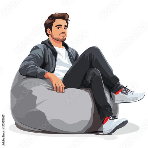 Modern young man relaxing on comfortable bean bag in stylish vector illustration