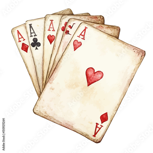 Playing Cards, watercolor clipart vector, high quality, isolated on a white background.