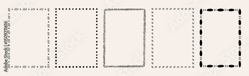 Set of five abstract rectangular frames with different dash and dot patterns. Hand drawn vector illustration