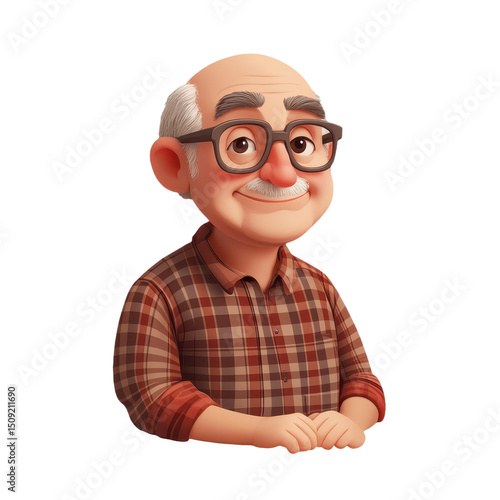 Charming Cartoon Portrait of a Smiling Elderly Man with Glasses in Plaid Shirt: A Heartwarming Illustration of a Grandfather
