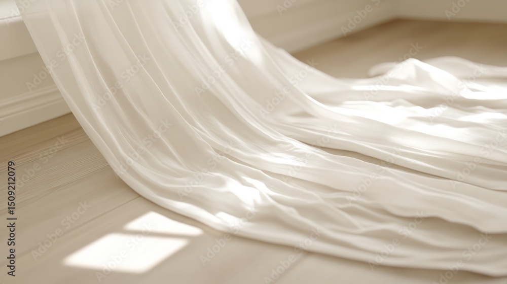Sunlight streams onto creamy fabric draped on light wood floor. Home decor, website background Sunlight streams onto creamy fabric draped on light wood floor. Home decor, website background