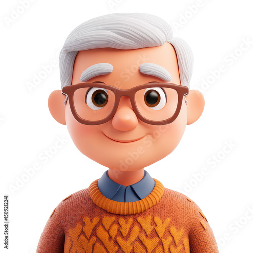 Charming Cartoon Character: Cheerful Senior Man with Glasses and a Warm Smile in Digital Art Style, Perfect for Avatar or Graphic Design Projects