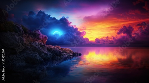 Dreamy ocean sunset, moonrise, rocky shore, calm waters, fantasy landscape, ideal for travel posters