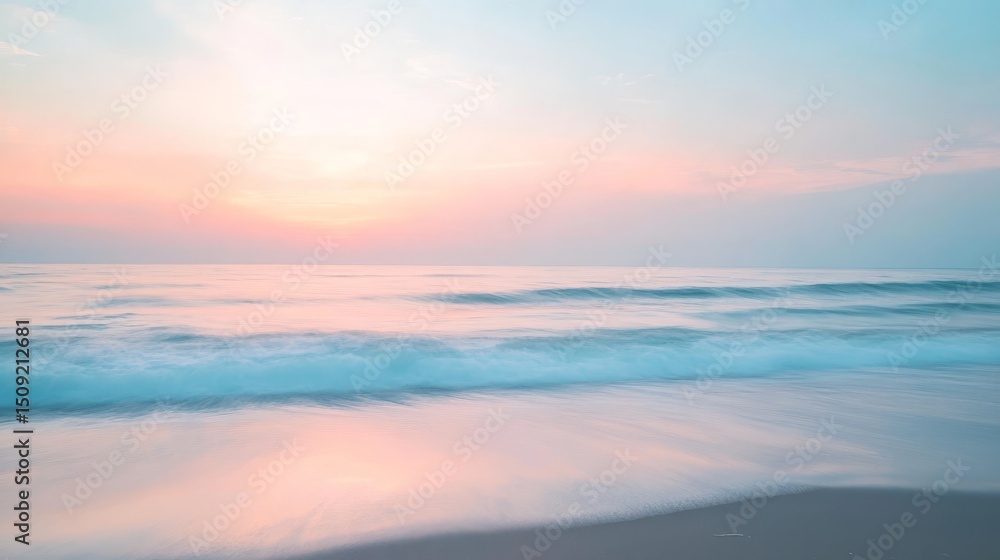 Fototapeta premium A serene beach scene with soft, pastel skies, the waves gently rolling in, and a blurred, dreamlike effect over the horizon. --ar 16:9 --v 6.1 Job ID: 475a78ed-9545-4dec-97f5-163767c1f2a5