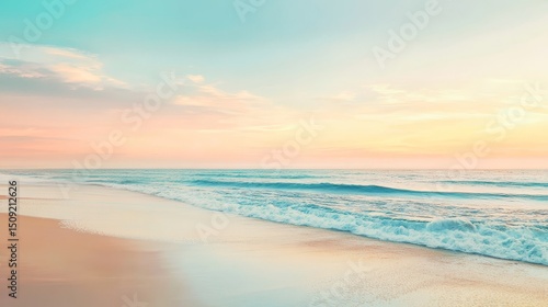 Fototapeta Naklejka Na Ścianę i Meble -  A serene beach scene with soft, pastel skies, the waves gently rolling in, and a blurred, dreamlike effect over the horizon. --ar 16:9 --v 6.1 Job ID: 475a78ed-9545-4dec-97f5-163767c1f2a5