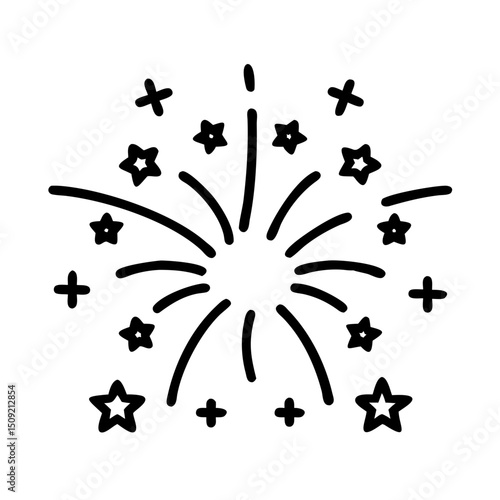 Illustrated fireworks display with star shapes and bursts  