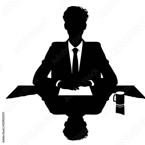Businessman sitting at desk conducting meeting in silhouette style  