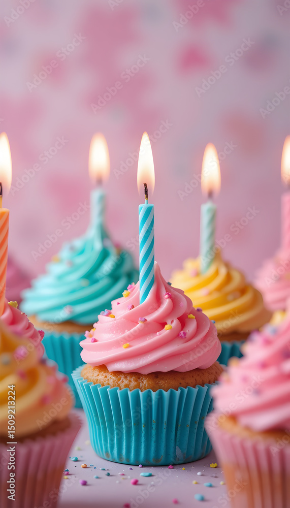 Pastel-Colored Cupcakes with Lit Candles on Pink Background Pastel-Colored Cupcakes with Lit Candles on Pink Background
