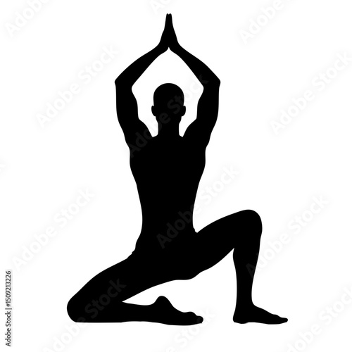 Man performing yoga pose with hands raised in a meditative stance  