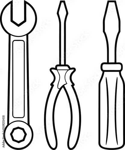 Outline of basic hand tools, including wrench and screwdrivers, arranged against a transparent backdrop