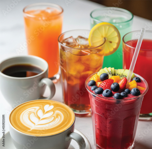 Fresh fruit beverages with coffee and tea