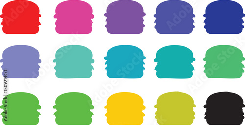 Colorful burger silhouettes arranged in a grid pattern on a white background showcasing various vibrant hues