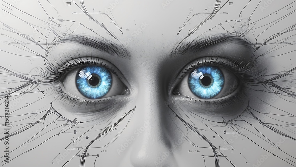 Obraz premium Close-up of a woman's face with bright blue eyes and circuit-like lines.
