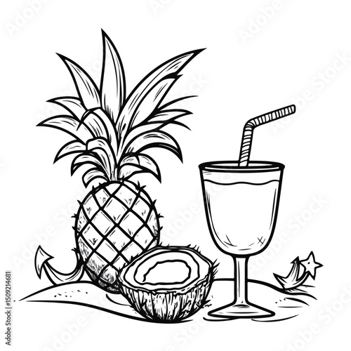 Tropical Summer Beach and Vacation Scene with Pineapple, Coconut, and Beach Ball