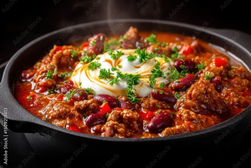 Chili con Carne mit Kidneybohnen und Sauerrahm würziges Hackfleisch-Bohnen-Eintopfgericht mexikanische Tex-Mex Küche dampfend heiß serviert mit frischer Petersilie Nahaufnahme Food Fotografie Chili con Carne mit Kidneybohnen und Sauerrahm würziges Hackfleisch-Bohnen-Eintopfgericht mexikanische Tex-Mex Küche dampfend heiß serviert mit frischer Petersilie Nahaufnahme Food Fotografie