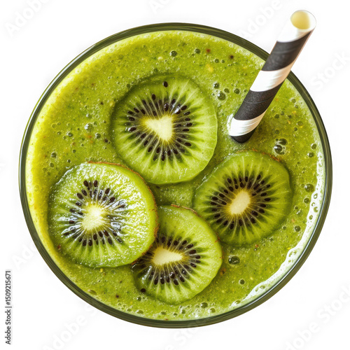Kiwi smoothie with straw close up on transparent background