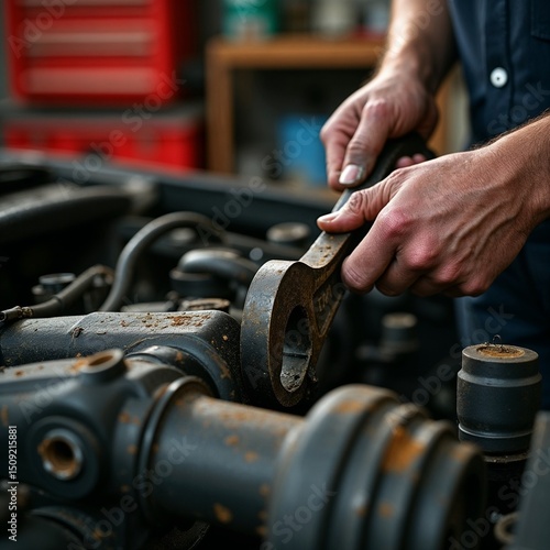 Mechanic using wrench to repair engine in auto shop garage  