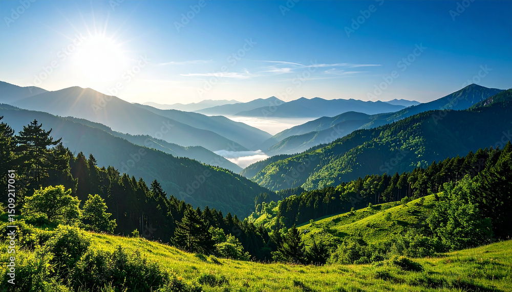 Fototapeta premium Majestic mountains covered in dense green foliage under blue sky. Mist rising from the valley.