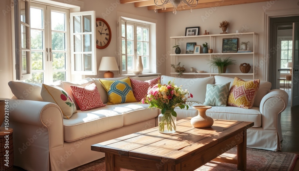 Fototapeta premium Bright cozy living room with a white sofa, colorful pillows, wooden coffee table, and fresh flowers, creating a warm inviting home interior filled with natural light.
