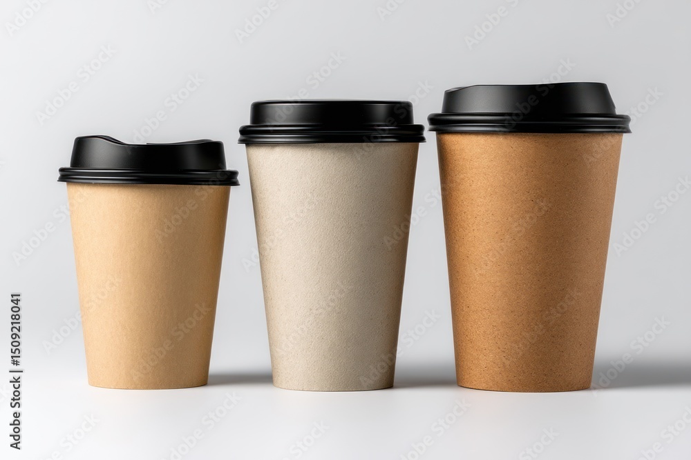 Three Eco-Friendly Paper Coffee Cups with Black Lids in a Minimalistic Setup for Cafes, Coffee Shops, and Beverage Businesses Three Eco-Friendly Paper Coffee Cups with Black Lids in a Minimalistic Setup for Cafes, Coffee Shops, and Beverage Businesses