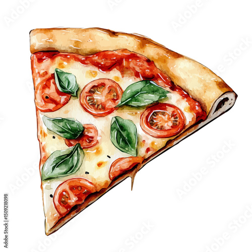 Pizza Slice, watercolor drawing vector, high quality, isolated on a white background.