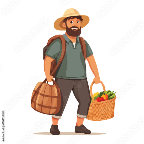 Professional Traveler Character Vector Illustration with Basket of Food for Marketing Campaigns