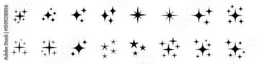 Shine icons set. Star icons. Twinkling stars. Symbols of sparkle, glint, gleam, etc. Christmas vector symbols.