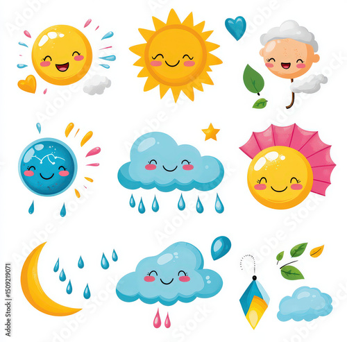 Adorable weather icons showcase joyful suns beaming with smiles whimsical moons and charming clouds. Each element captures joy with hearts raindrops and cute designs perfect for kids
