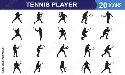 Tennis player silhouette icons. Set of tennis players collection.