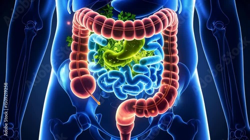 Human digestive system in anatomy illustration with intestines, stomach, and colon, healthy lifestyle and gastroenterology, 3d rendering