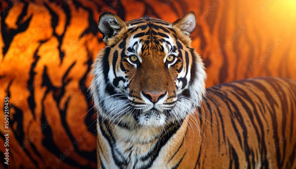 Fototapeta premium A striking tiger with vivid striped fur poses against a matching tiger print background, captured in bright studio lighting that highlights its fierce gaze, majestic power, and wild elegance