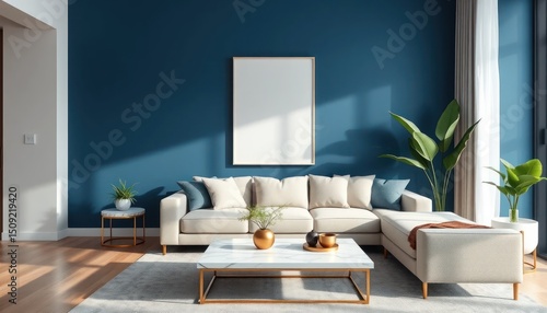 Elegant Living Room Interior with Neutral Sofa, Dark Blue Wall, and Contemporary Decor Showcase