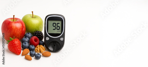 Fototapeta Naklejka Na Ścianę i Meble -  Glucose meter with fresh fruits and nuts displaying healthy lifestyle concept of nutrition, dieting, and wellness with berries, apples, almonds, and walnuts, white background, Banner, copy space