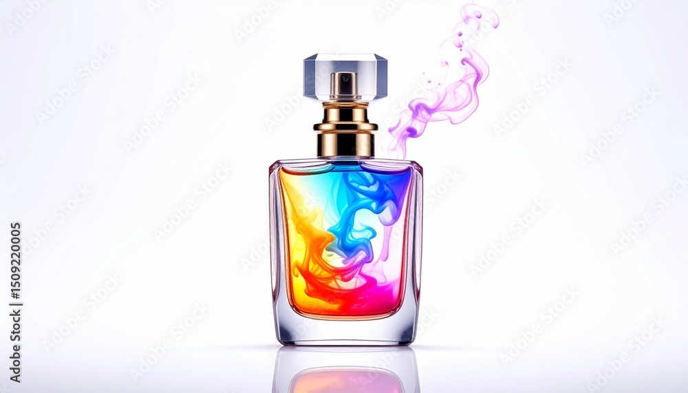 Elegant Perfume Bottle with Swirling Multicolor Liquid on White Background – Luxurious Fragrance Display Featuring Cloudy Pastel Tones, Soft Light, and Minimalistic Artistic Product Photography Style Elegant Perfume Bottle with Swirling Multicolor Liquid on White Background – Luxurious Fragrance Display Featuring Cloudy Pastel Tones, Soft Light, and Minimalistic Artistic Product Photography Style