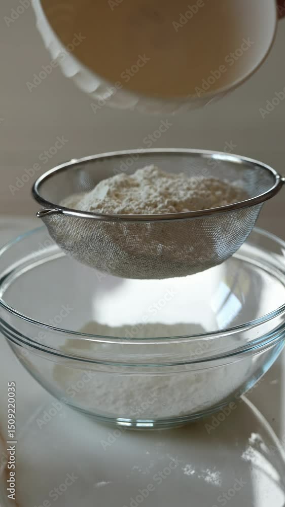 Hands Sifting the flour through the metal sieve into a glass bowl. Vertical video.
Hands Sifting the flour through the metal sieve into a glass bowl. Vertical video.