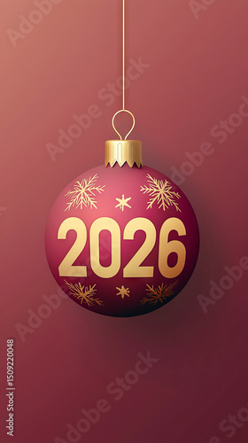 Decorative Christmas ornament with the year 2026, featuring festive designs and a rich color palette, ideal for New Year holiday celebrations concept. Vertical