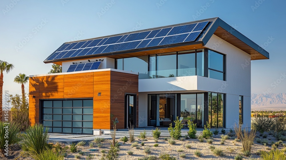 A sleek, modern Las Vegas home with high-efficiency solar panels installed on its roof, gleaming under the bright midday sun. The deep blue photovoltaic panels contrast beautifully against the light-c A sleek, modern Las Vegas home with high-efficiency solar panels installed on its roof, gleaming under the bright midday sun. The deep blue photovoltaic panels contrast beautifully against the light-c