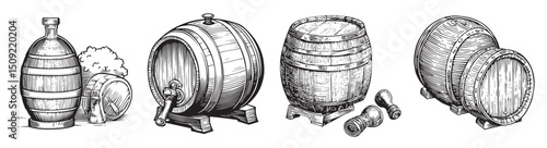 Vintage Wooden Barrels and Bottles Collection for Beverage Production, logo design, engraving design, vector illustration