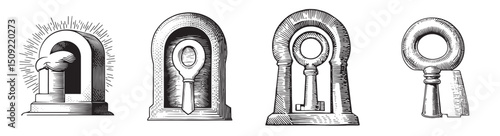 Vintage Keyhole Illustrations in Detailed Etching Style, logo design, engraving design, vector illustration