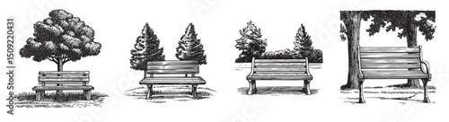 Detailed Sketches of Four Different Park Benches in Nature, vintage retro hipster logo design, vector illustration, engraving design