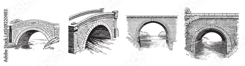 Illustrations of Historic Bridges in Various Architectural Styles, vintage retro hipster logo design, vector illustration, engraving design