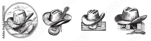 Vintage Cowboy Hats Illustrations with Rustic Elements and Details, vintage retro hipster logo design, vector illustration, engraving design