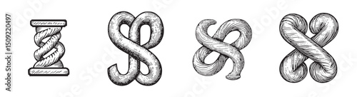 Decorative Hand-Drawn Rope and Knot Illustrations in Vintage Style, vintage retro hipster logo design, vector illustration, engraving design