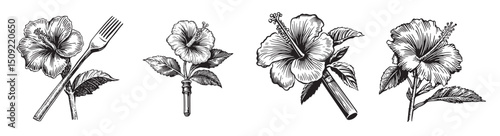 Engraved Hibiscus Flowers with Fork and Pen Illustrations, vintage retro hipster logo design, vector illustration, engraving design